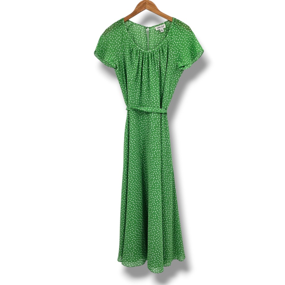 Coldwater Creek Green White Square Print Midi Dress Womens 10 Flutter‎ Sleeve